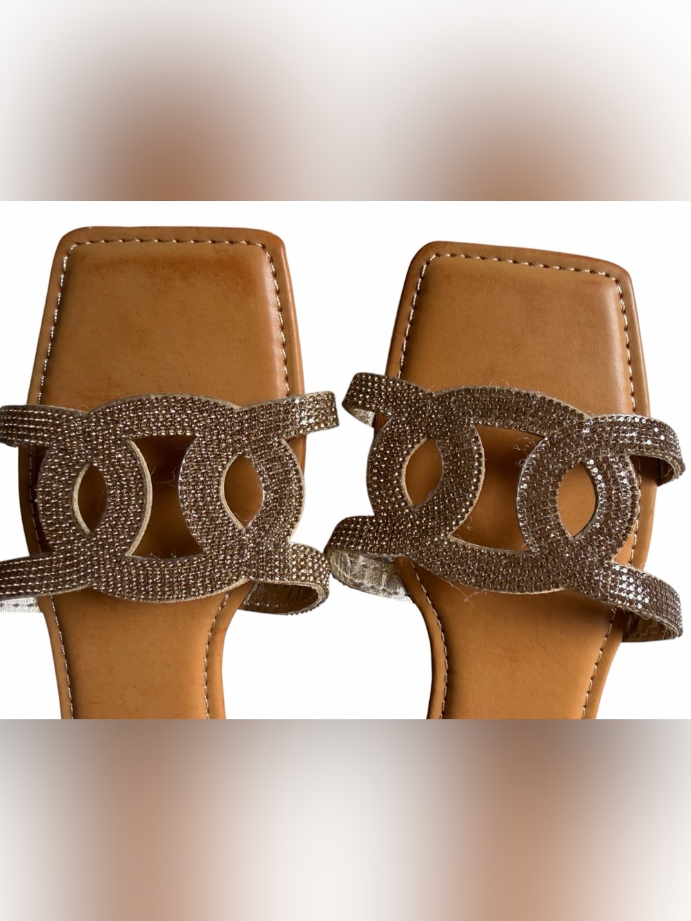 BAMBOO Gold Rhinestone Double-Loop Slide Sandals - Picture 2 of 3